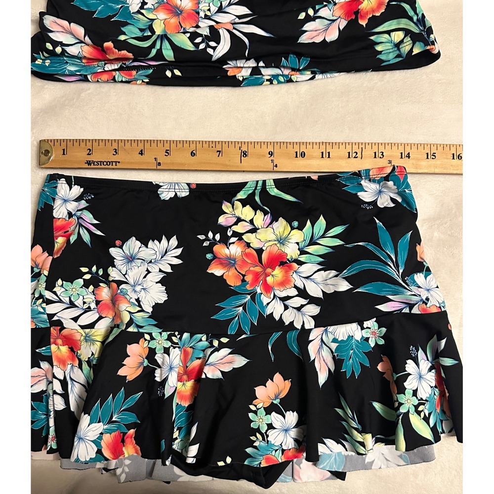 Tommy Bahama Womens XS Black Floral Tankini Set Ruffle Top Skirt Rouched Sides - Picture 14 of 15